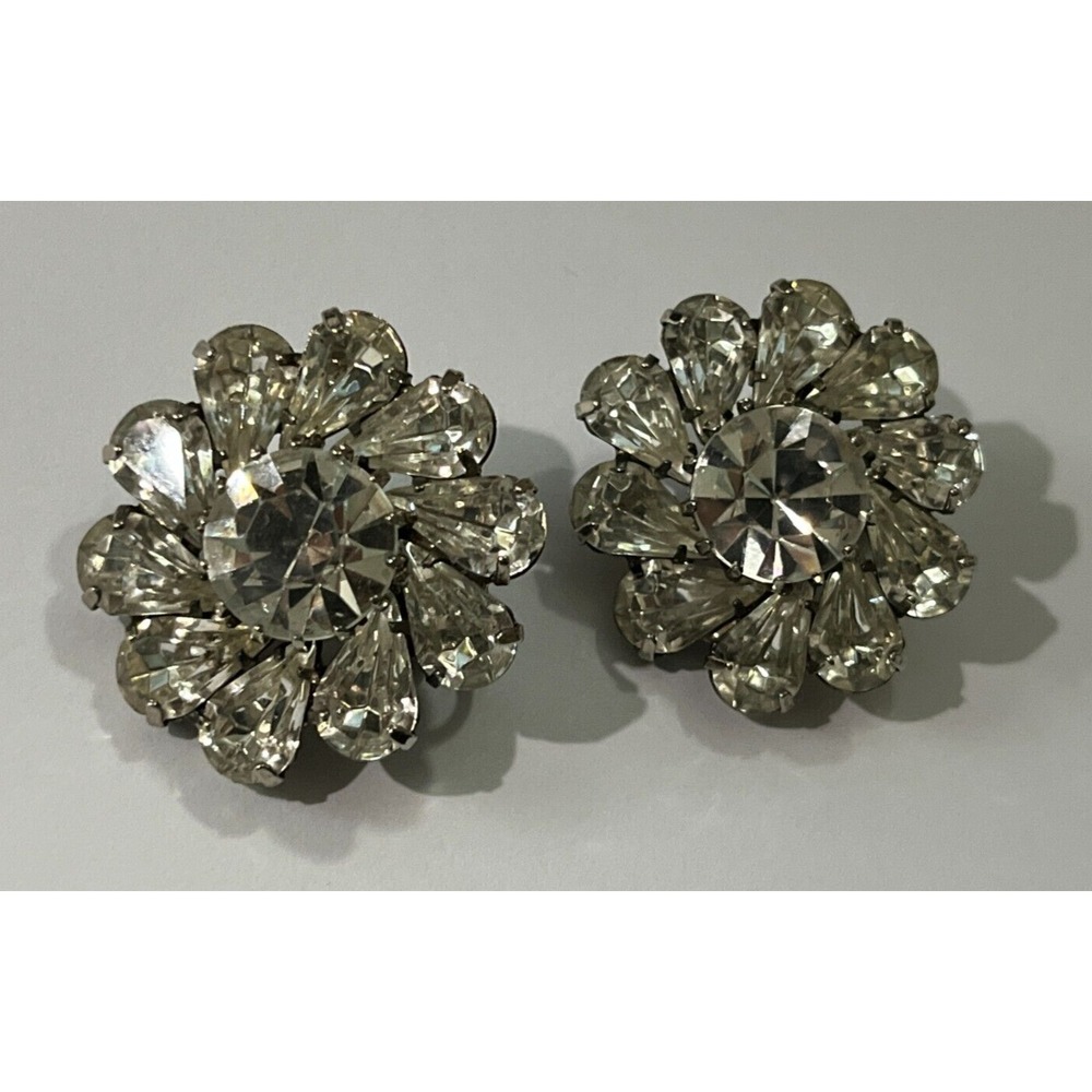 Vintage Rhinestones Clip On Earrings Jewelry Dressy Ice Classic Flowers‎ Circles